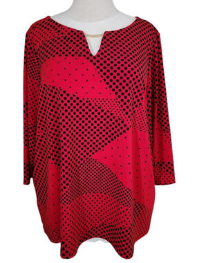 Calvin Klein Women’s Plus Size 1X Red Black Polka Dot Geometric Keyhole Top